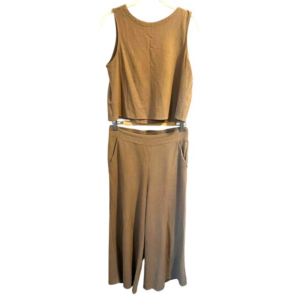 Anrabess 2 Piece Set Tank Crop Button Back Top Cropped Wide Leg Pants Khaki sz S - Picture 3 of 8
